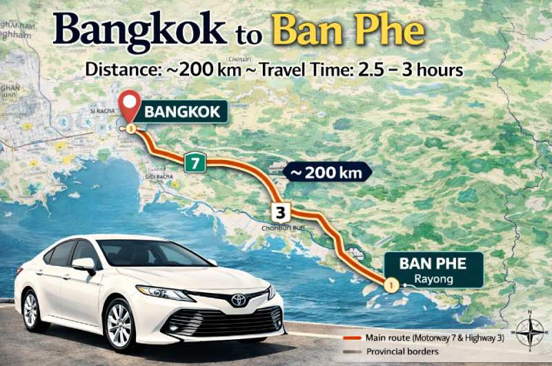 Distance from Bangkok to Ban Phe is around 200 km Thailand travel time is 2.5-3 hours