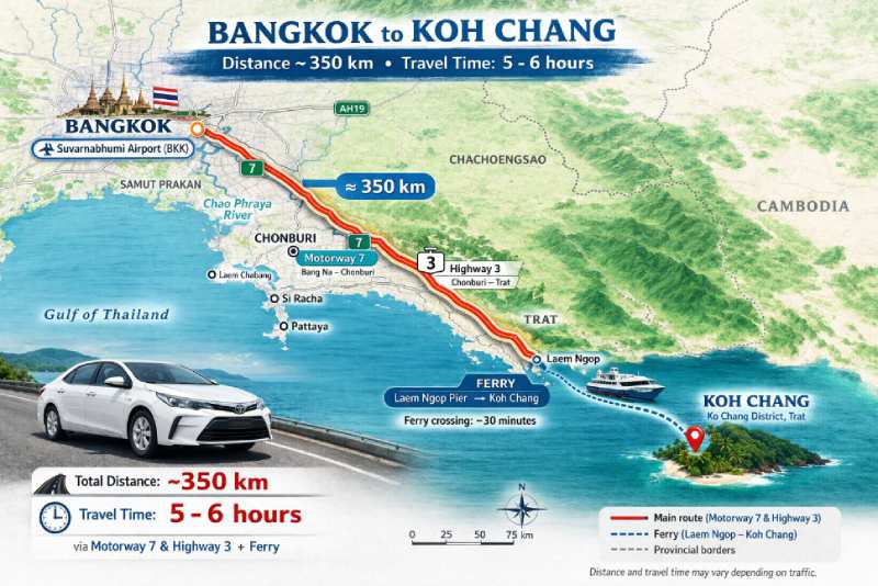Distance from Bangkok to Koh Chang route map is around 350 km Thailand travel time is 5 hours