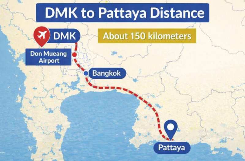 DMK to Pattaya distance map 150 km route from Don Muang Airport to Pattaya Thailand