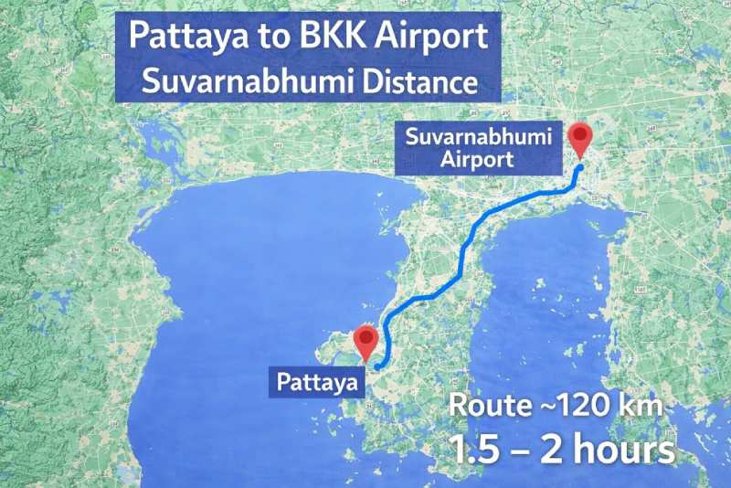 Distance from Pattaya to BKK airport route map is around 120 km Thailand travel time is 1.5 hours