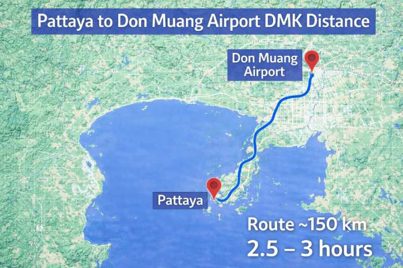 Distance from Pattaya to DMK airport Don Muang route map is around 150 km Thailand travel time is 2.5 hours