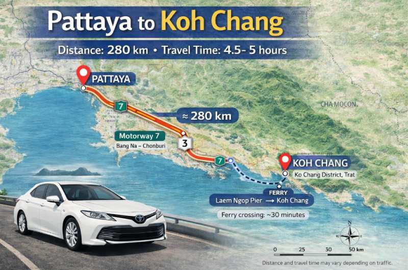 Distance from Pattaya to Koh Chang route map is around 280 km Thailand travel time is 4.5 hours